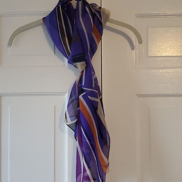 ANNE KLEIN SILK GEOMETRIC GRAPHIC SCARF WRAP PURPLE BLACK WHITE TAN ORANGE - Picture 8 of 11